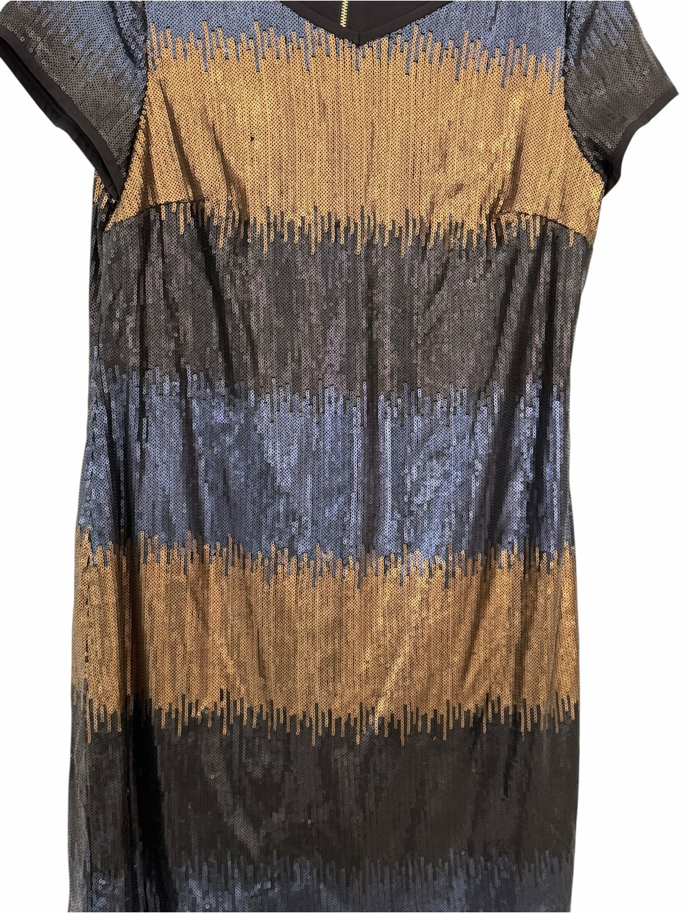 Ivy & Blu Sequin Stripe V-Neck Shift Dress in Black, Gold & Blue Size 10 - Picture 9 of 10